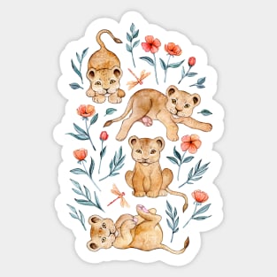 Little Lazy Lions with Poppies and Dragonflies Sticker